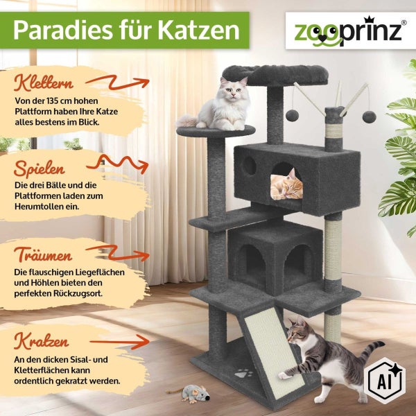 Zooprinz Katzenkratzbaum 135 cm hoch mit Liegeplattformen Katzenhöhlen Spielbällen und Sisalkratzfläche für Katzen