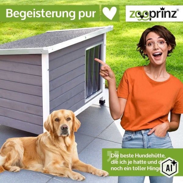Eine Frau zeigt auf eine Hundehütte aus Holz mit Flachdach und Lamelleneingang, während ein Golden Retriever im Vordergrund liegt. Zooprinz Logo.