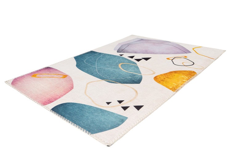 Rechteckiger Teppich mit modernem abstraktem Muster aus organischen Formen und Linien in Blau, Pink, Gelb und Lila.