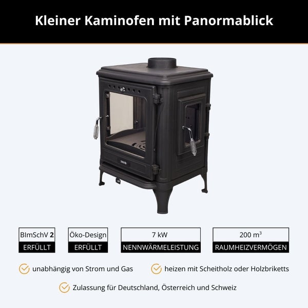 Kleiner Kaminofen aus Gusseisen, 7 Kilowatt Leistung, 200 Kubikmeter Heizvermögen, Panoramablick, für Scheitholz und Holzbriketts geeignet.