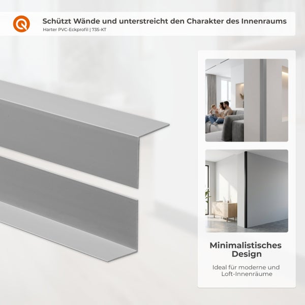 Harter Kunststoff Eckschutz für Wände zur Kantenverkleidung im Wohnraum, Montagebeispiele in modernen Interieurs gezeigt.