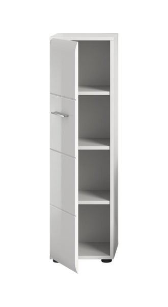 Weißer Badezimmer-Hochschrank mit einer Tür, vier Ablagefächern und silberfarbenem Griff.