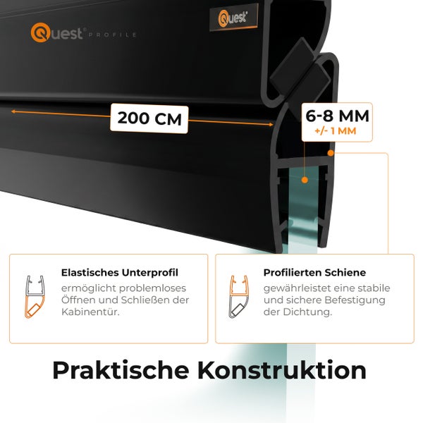 Quest Profile Logo. Duschdichtung, Länge 200 Zentimeter, für Glasstärke 6 bis 8 Millimeter, elastisches Unterprofil und profilierte Schiene.