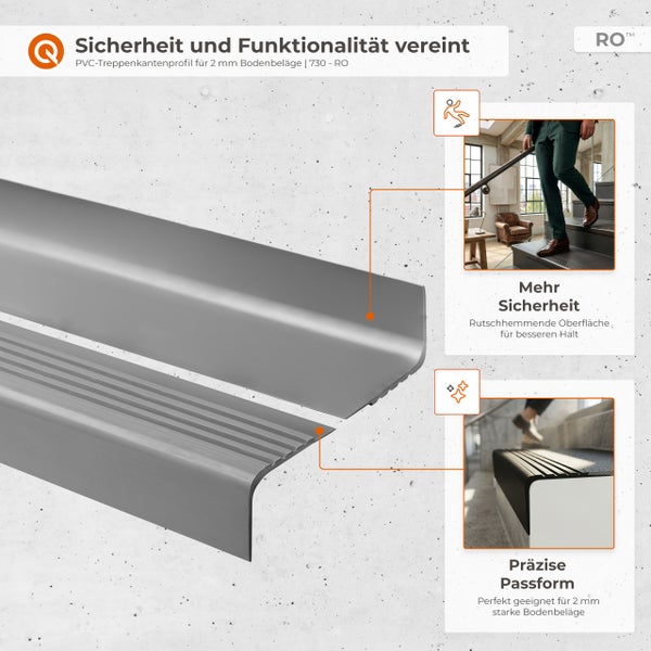 PVC-Treppenkantenprofil für 2 Millimeter Bodenbeläge mit rutschhemmender Oberfläche und präziser Passform für Sicherheit auf Treppen.