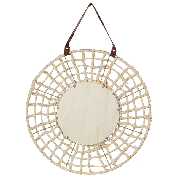 Runder Wandspiegel mit Rahmen aus Rattan und Aufhängung aus Leder