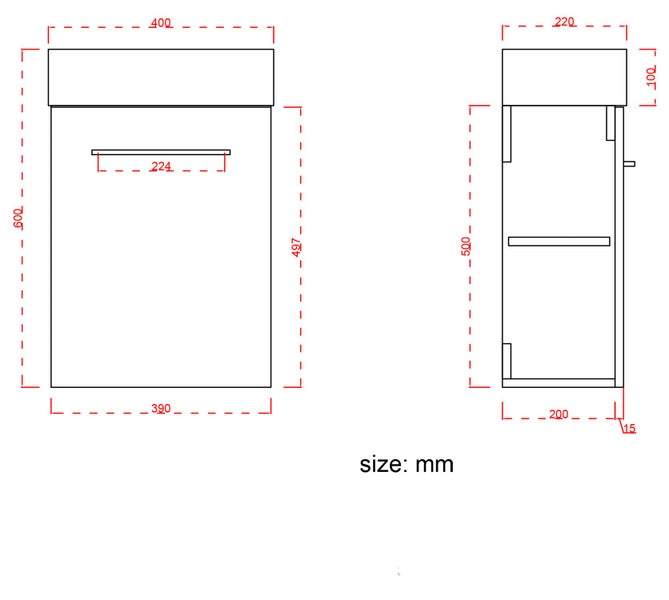 Technische Zeichnung eines Briefkastens mit Maßangaben in Millimeter für die Montage und Planung.