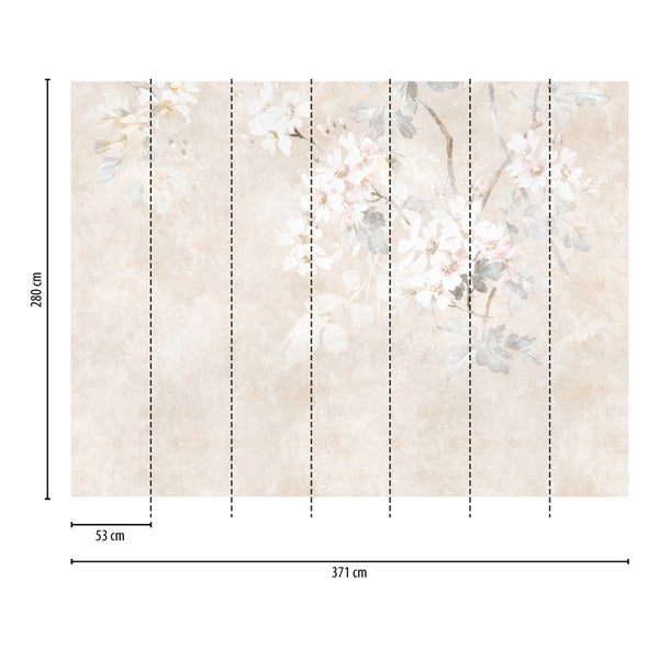 Fototapete mit Blumenmuster, Kirschblüten, Höhe 280 Zentimeter, Gesamtbreite 371 Zentimeter, 7 Bahnen mit einer Breite von 53 Zentimeter.