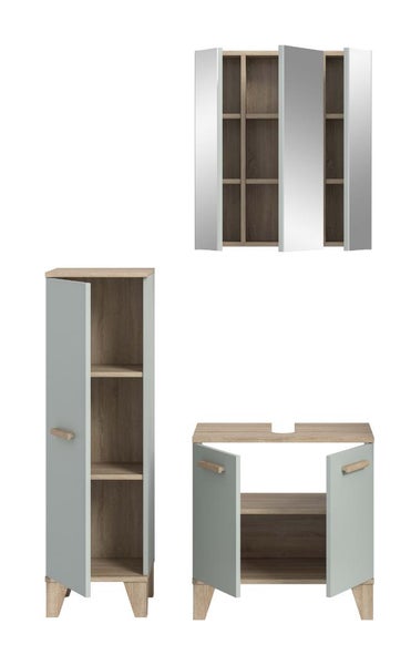 Badezimmermöbel Set bestehend aus einem Spiegelschrank, einem Hochschrank und einem Waschtischunterschrank in Holzoptik.