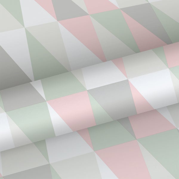 Walls4You Tapete grafische, geometrische Dreiecke Grün, Rosa und Grau - 53 cm x 10.05 m - 935301