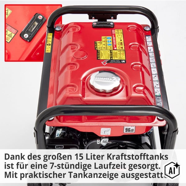 Stromerzeuger mit 15 Liter Kraftstofftank und integrierter Tankanzeige für lange Laufzeiten.