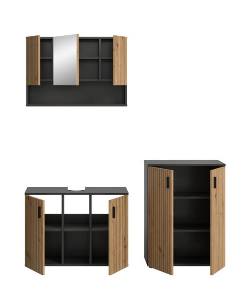 Badezimmermöbel-Set bestehend aus Spiegelschrank, Waschbeckenunterschrank und Beistellschrank in Anthrazit mit Eichenoptik-Lamellentüren.