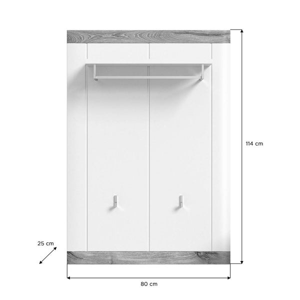 Laredo Wandgarderobe 1 Ablage, 1 Kleiderstange, 2 Kleiderhaken matt weiß,Eiche dekor,weiß. 80 X 25 X 114 cm