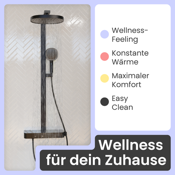 Duschsystem mit Kopfbrause Handbrause und Thermostatarmatur vor einer Fliesenwand mit Funktionsmerkmalen wie Wellness und Easy Clean Reinigung.