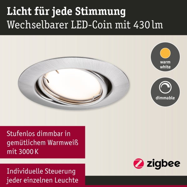 Runde LED Einbauleuchte mit wechselbarem LED Coin und Zigbee Steuerung für warmweißes Licht mit 3000 Kelvin und 430 Lumen.