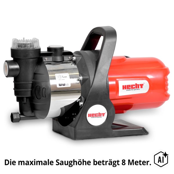 Hecht Gartenpumpe mit einer maximalen Saughoehe von 8 Metern fuer die Wasserversorgung im Garten.