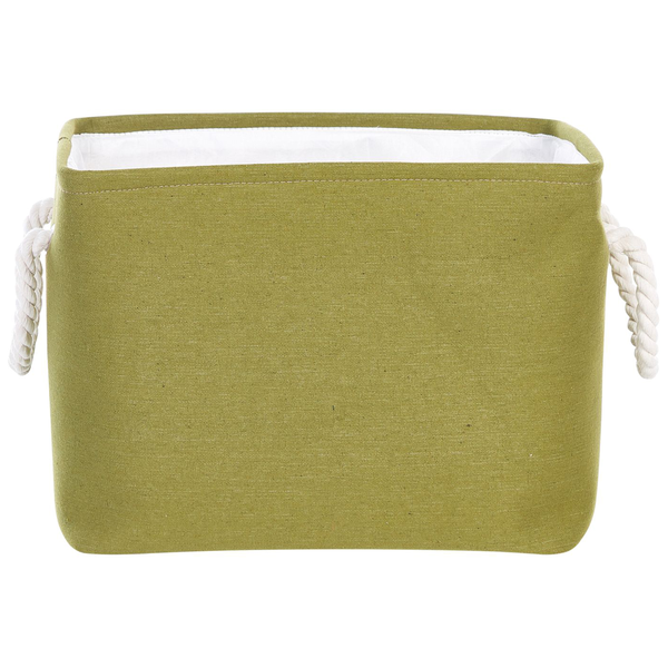 Holzregal mit schwarzem Metallrahmen, grünen Stoffboxen mit Seilgriffen, einer weißen Metallbox und dekorativen Glasflaschen.