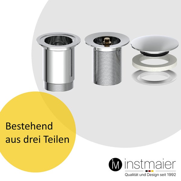 instmaier Ablaufgarnitur E3 | ohne Überlauf | Waschbeckenstöpsel mit Push-Open Funktion | Pop Up Ventil Chrom