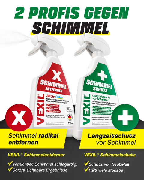 VEXIL Schimmelentferner und Schimmel Schutz Spray Set zur Schimmelbekämpfung und Vorbeugung für Wände, Fliesen und mehr.