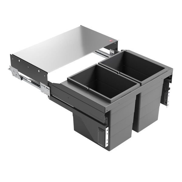 Ausziehbares Mülltrennsystem für die Küche mit zwei Behältern und Metallrahmen zur Schrankmontage.