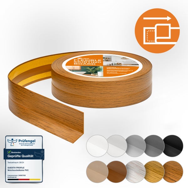 Quest Weichsockelleiste Selbstklebend 32 x 23 mm, PVC Sockelleiste, Flexibel, Eiche Rustikal, 25 Meter