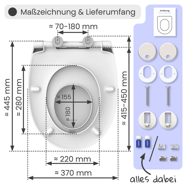 Maßzeichnung und Lieferumfang eines Toilettensitzes mit Maßen und Zubehör
