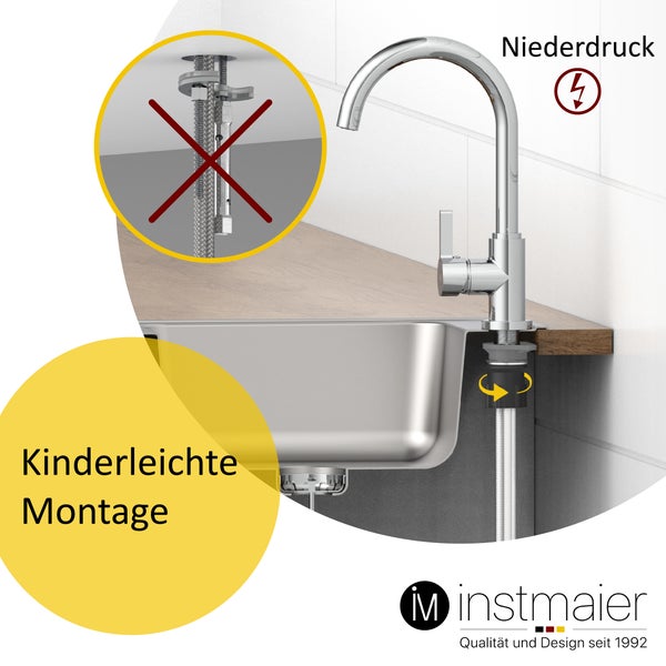 instmaier Niederdruck Küchenarmatur K3 | 360° schwenkbar | Wasserhahn Küche | Spültischarmatur Chrom | Hoher Auslauf | mit Zentralverschraubung