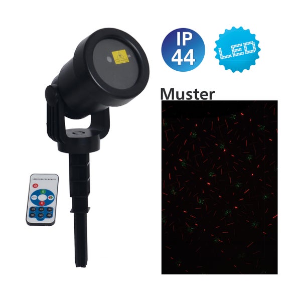 Laser-Gartenleuchte mit IP44 Schutzart, LED Kennzeichnung und Fernbedienung, zeigt ein rotes und grünes Muster