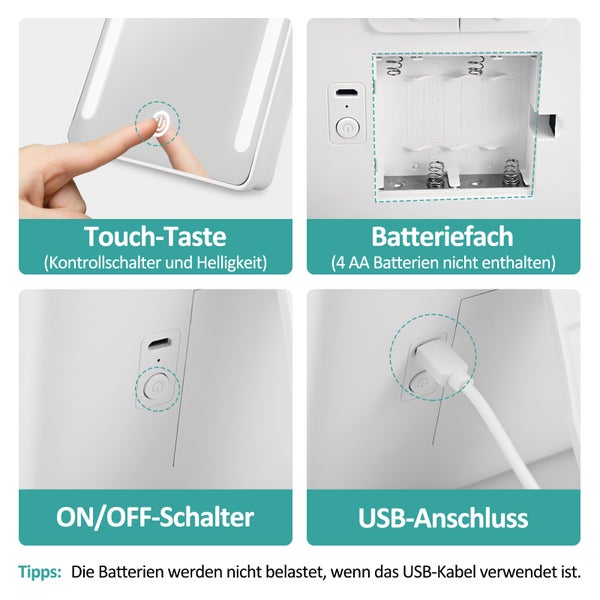 EMKE Kosmetikspiegel mit Beleuchtung 163 x 224 mm, 3-fach Vergrößerung, Kaltweiß, Touch-Schalter, USB/Batterie, Tragbar, Weiß, Horizontal & Vertikal aufstellbar