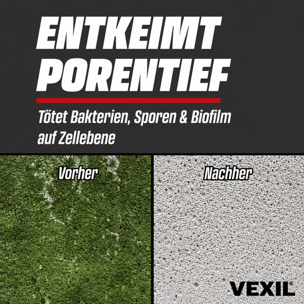 Vexil Vorher Nachher Vergleich einer Oberflächenreinigung zur Beseitigung von Bakterien Sporen und Biofilm