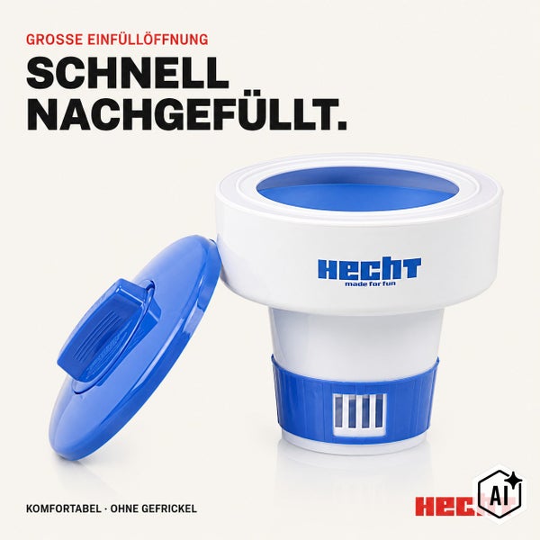 Hecht Chlordosierer mit großer Einfüllöffnung für Schwimmbecken zur automatischen Wasserpflege mit Hecht Logo.