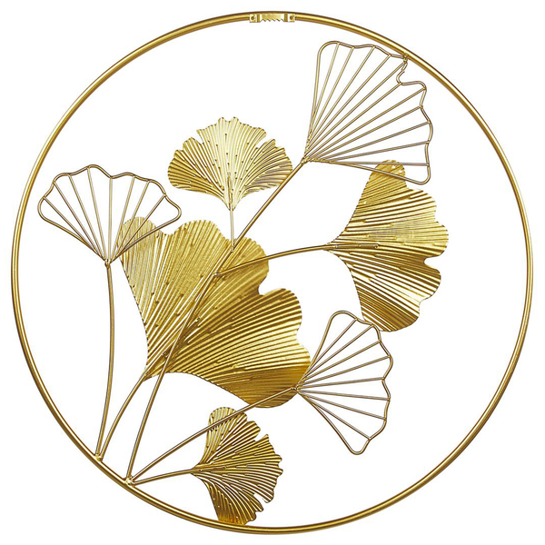 Dekorative Wandskulptur mit Ginkgo Blättern im runden Metallrahmen