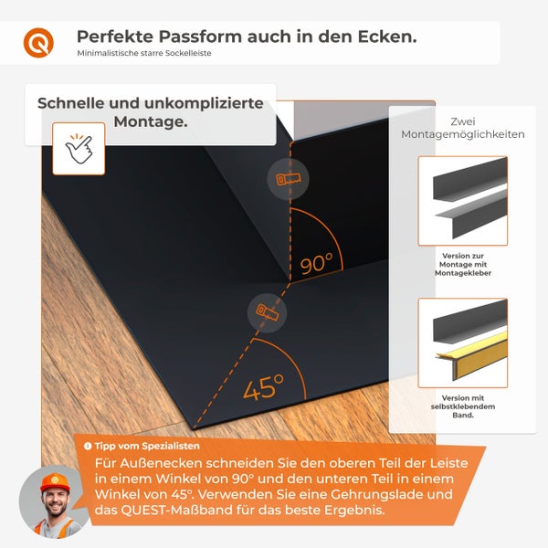 Infografik zur Montage starrer Sockelleisten inklusive Eckenschnittanleitung mit 90 Grad und 45 Grad Winkeln sowie zwei Befestigungsoptionen.