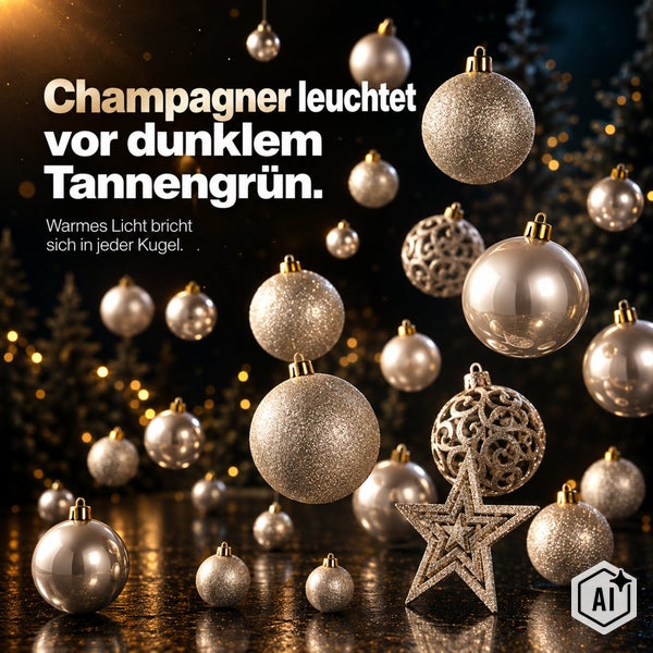 Weihnachtskugeln und ein Stern in Champagnerfarben schweben vor einem dunklen Tannenbaumhintergrund mit warmen Lichteffekten.