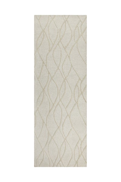 Rechteckiger Läufer in Beige mit abstraktem Wellenmuster und strukturierter Oberfläche.