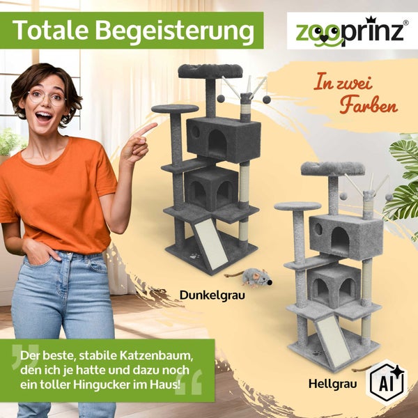 Eine Frau zeigt auf zwei Kratzbäume der Marke Zooprinz Logo, die mit Liegeplätzen, Höhlen, Spielzeug und Sisalstämmen ausgestattet sind.