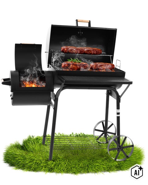 Smoker Grill mit Seiteneinfeuerung und Fleisch auf dem Grillrost, stehend auf einer Grasfläche.
