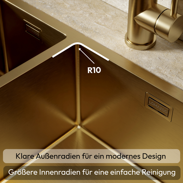 Edelstahlspüle von Lomazoo mit Radius 10 Millimeter für modernes Design und einfache Reinigung, inklusive Armatur auf Arbeitsplatte.