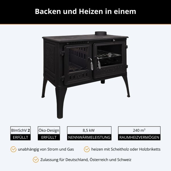 Gusseiserner Holzherd zum Backen und Heizen, 8,5 Kilowatt, 240 Kubikmeter Heizvermögen, stromunabhängig, erfüllt BImSchV 2 und Ökodesign.