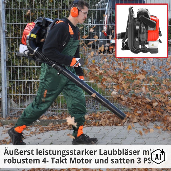 Ein Arbeiter verwendet einen rückengetragenen Benzin Laubbläser mit 4 Takt Motor um Laub auf einem Gehweg zusammenzublasen.