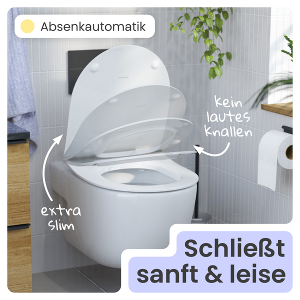 Weißes Wandtiefspül-WC mit Absenkautomatik und extra schlankem Design im Badezimmer