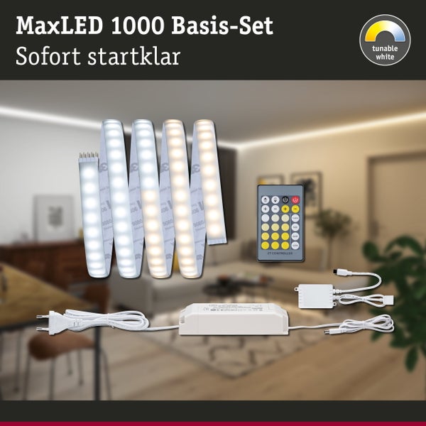 Paulmann LED Streifen für indirekte Beleuchtung in einem modernen Konferenzraum mit rechteckigem Lichtprofil an der Decke.