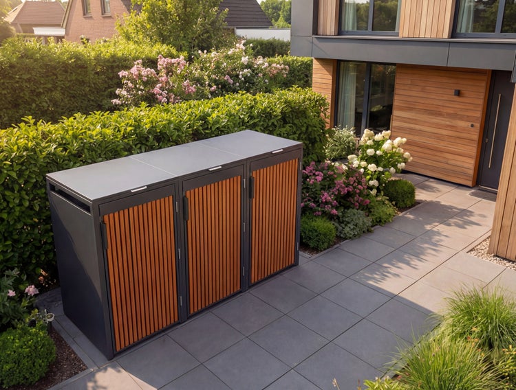 Mülltonnenbox für drei Tonnen aus Metall mit Türen in Holzoptik auf einer gepflasterten Terrasse in einem Garten.