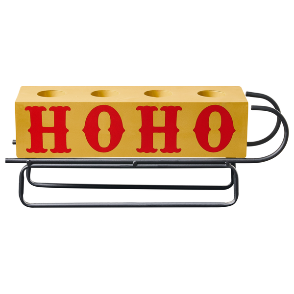 Kerzenhalter mit der Aufschrift HO HO HO auf einem Metallgestell