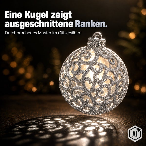 Silberne Christbaumkugel mit durchbrochenem Rankenmuster und Glitzereffekt