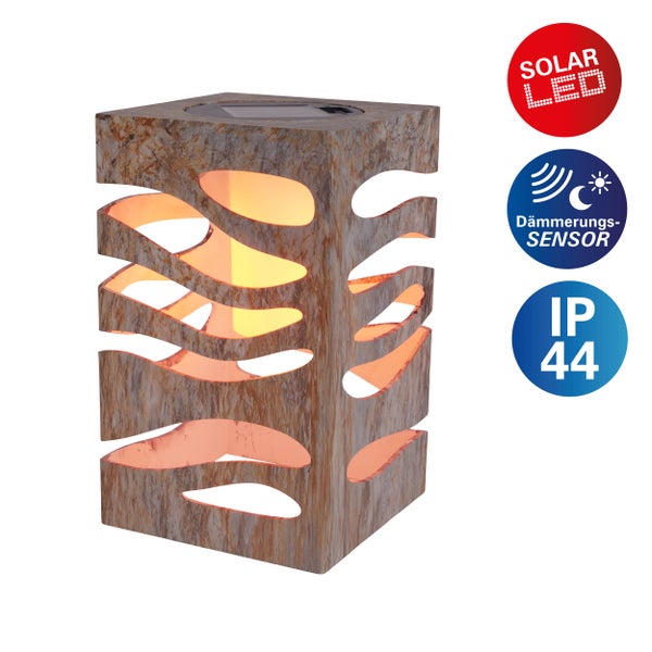 Dekorative Holzleuchte mit Flammeneffekt für den Außenbereich