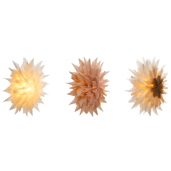 Drei Papiersterne mit Beleuchtung für die Dekoration