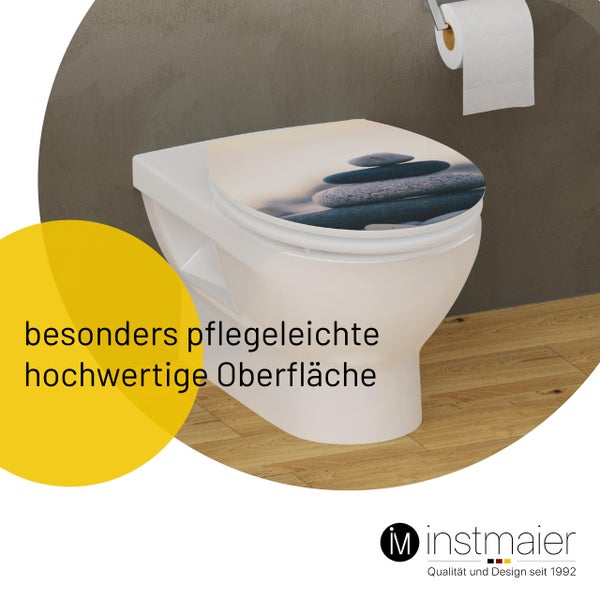 instmaier WC Sitz WC9M | FSC zertifiziertes Holz | Toilettendeckel mit Absenkautomatik | Klobrille Motiv - Stapel Steine | Oval | Nachhaltig | MDF-Holzkern