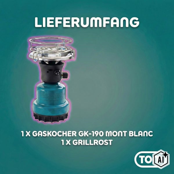 Lieferumfang Gaskocher GK 190 Mont Blanc mit Grillrost, ein Gaskocher mit Metallgestell und Aufsatz für Camping und Outdoor