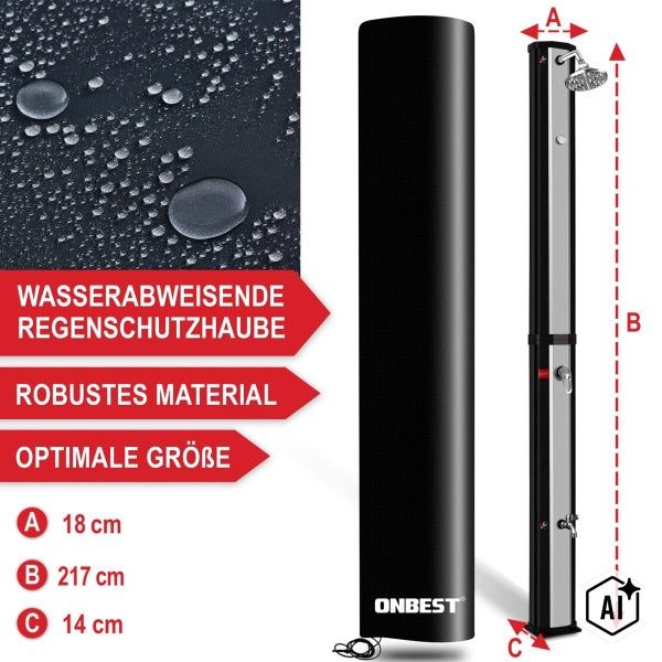 Wetterfeste Regenschutzhaube für Solarduschen von Onbest inklusive Maßangaben für die Installation.