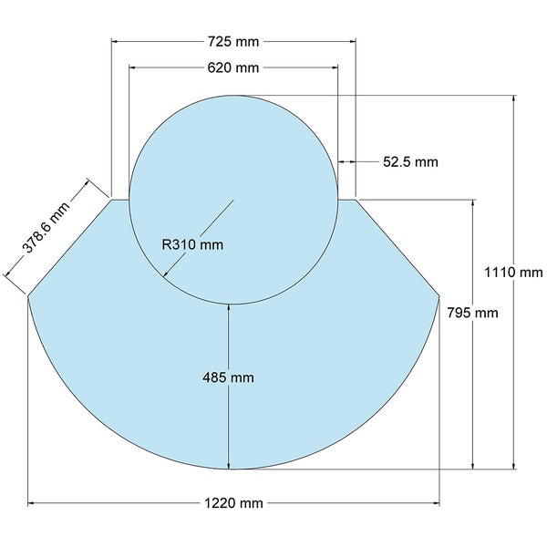 Technische Zeichnung einer Kaminbodenplatte mit Maßen: Breite 1220 Millimeter, Höhe 1110 Millimeter, Radius 310 Millimeter.